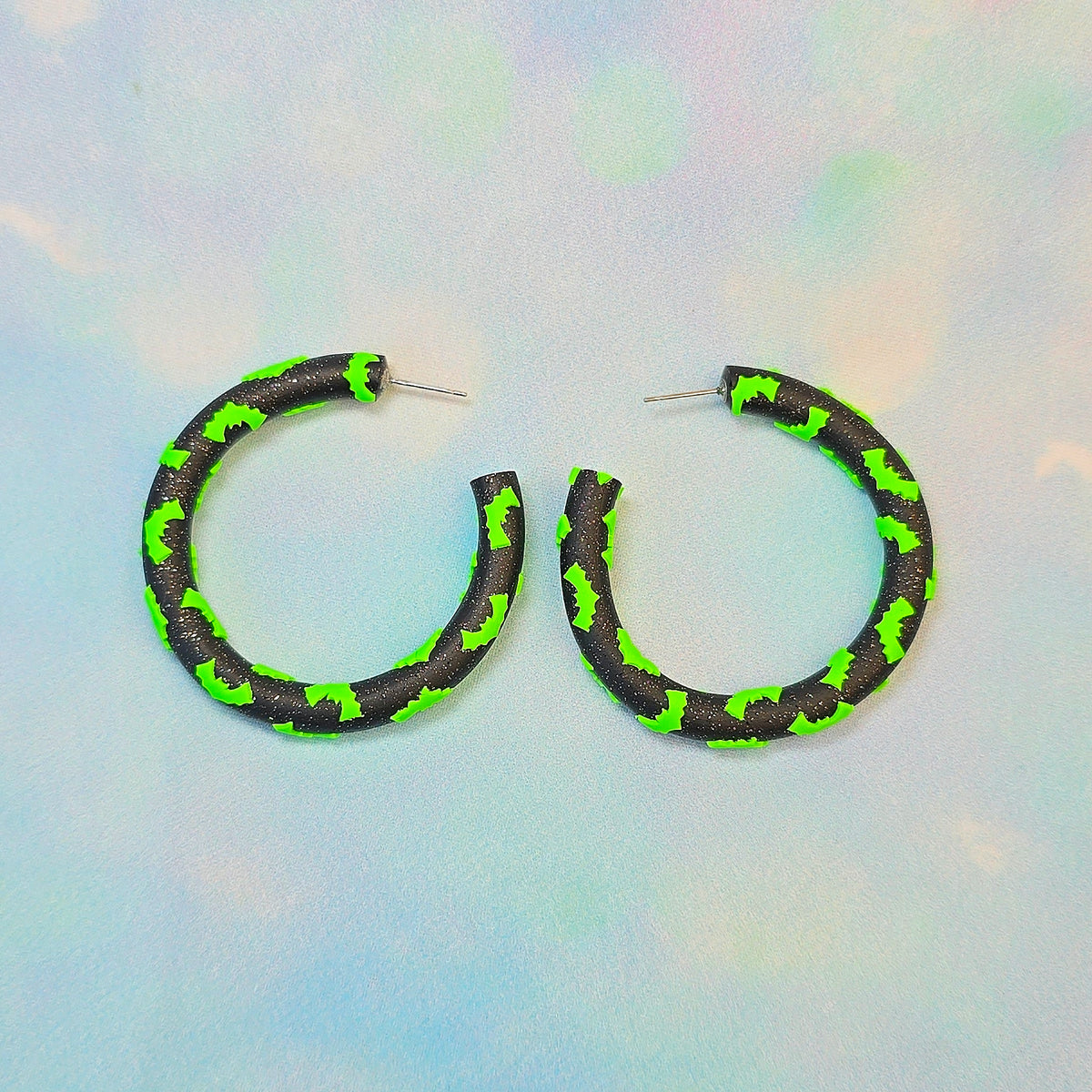 Bat Clay Hoops in Glitter Black and Neon Green