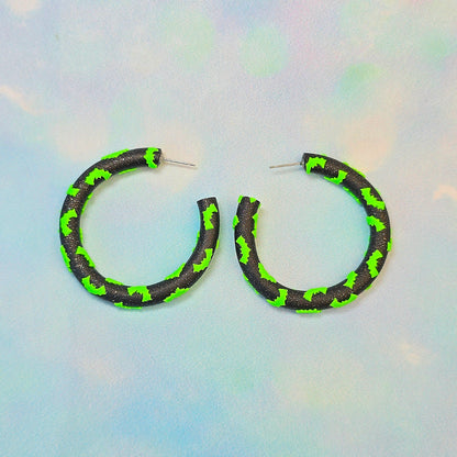 Bat Clay Hoops in Glitter Black and Neon Green