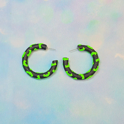 Bat Clay Hoops in Glitter Black and Neon Green
