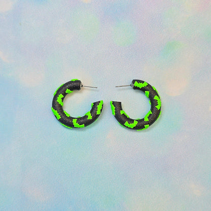 Bat Clay Hoops in Glitter Black and Neon Green