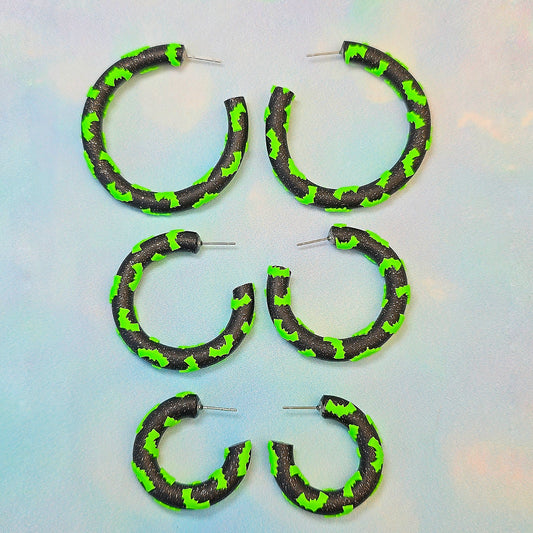 Bat Clay Hoops in Glitter Black and Neon Green