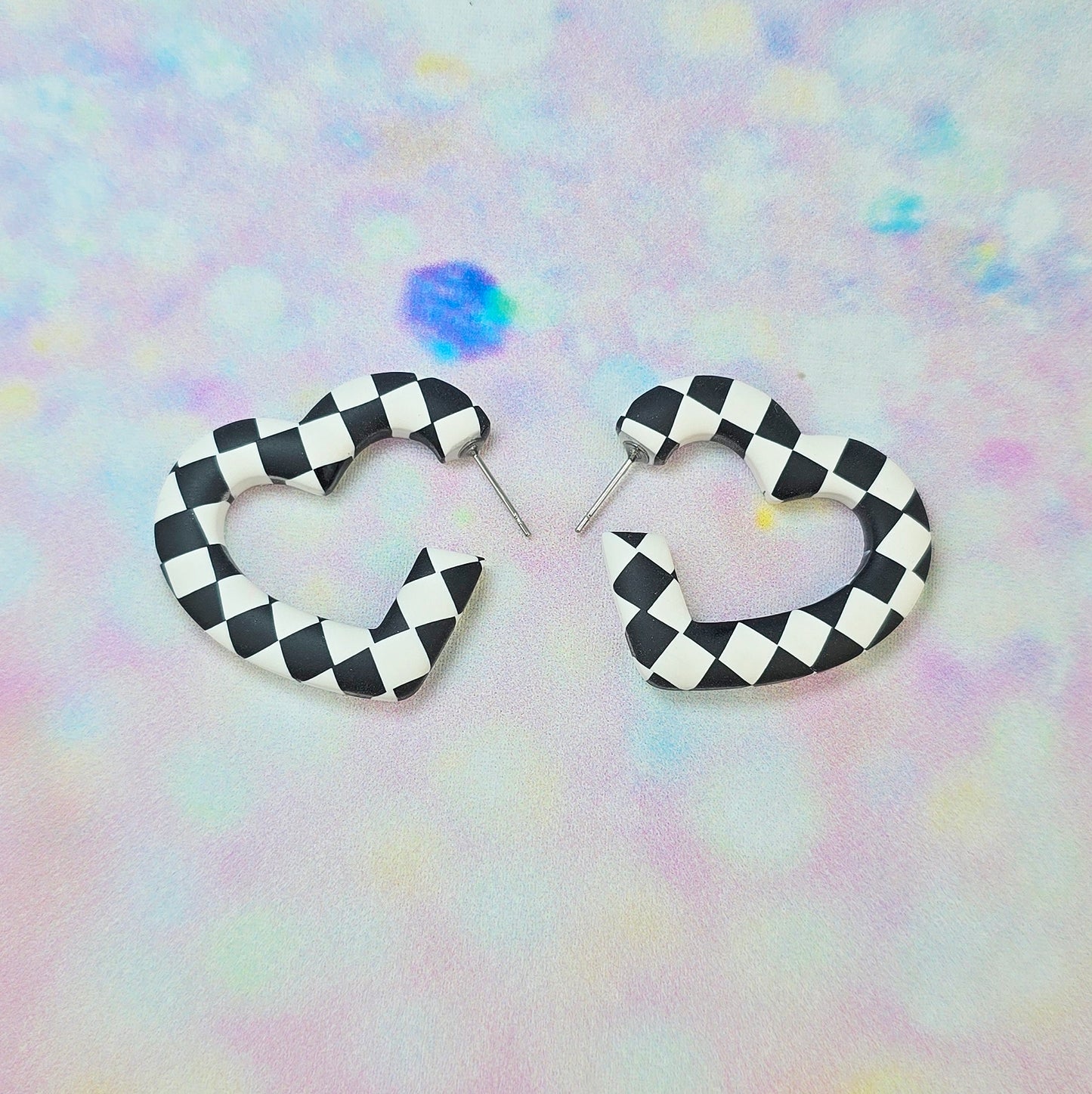 PRE ORDER Medium Black and White Checkerboard Heart Hoops