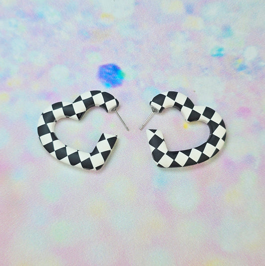 PRE ORDER Medium Black and White Checkerboard Heart Hoops