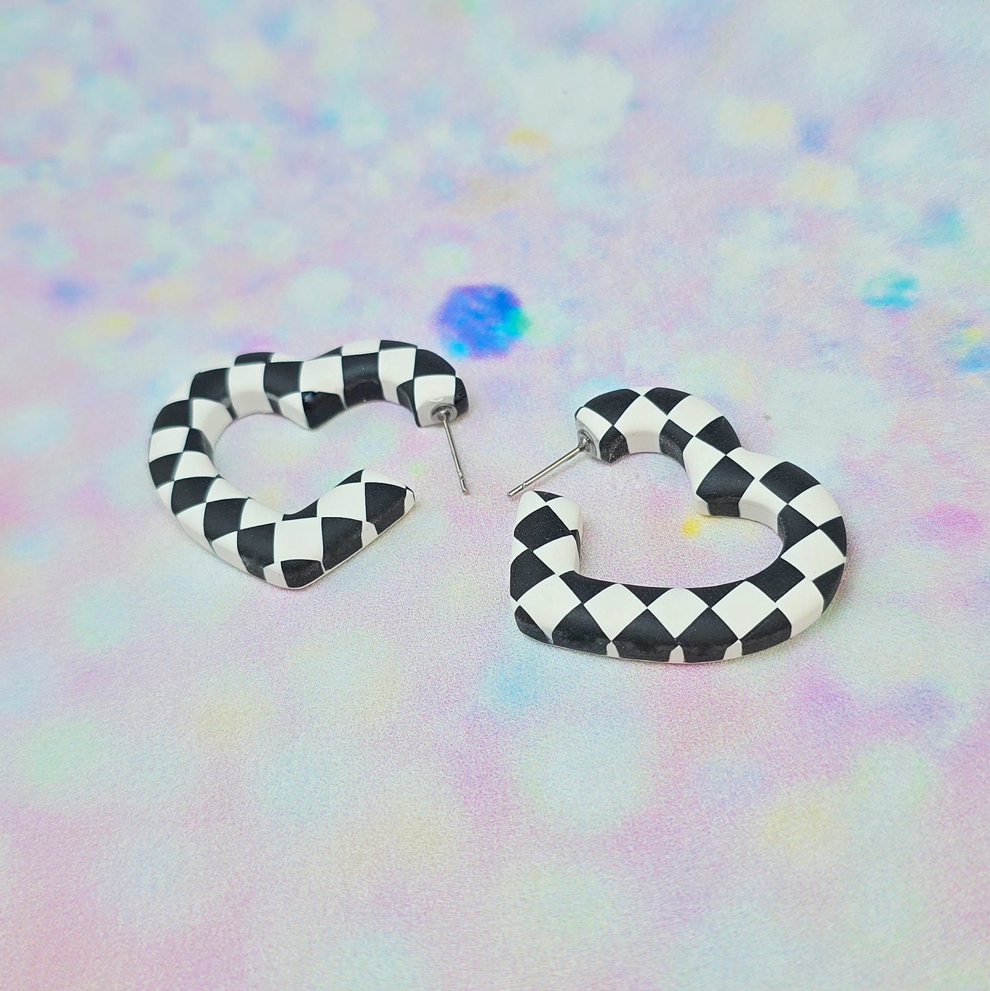 PRE ORDER Medium Black and White Checkerboard Heart Hoops