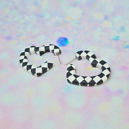 PRE ORDER Medium Black and White Checkerboard Heart Hoops