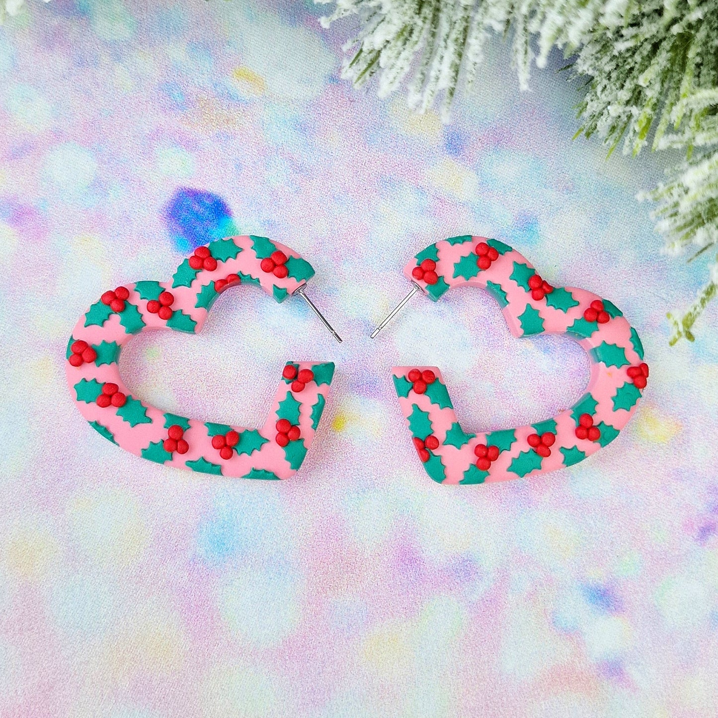 Christmas- Holly Large Heart Shaped Hoops