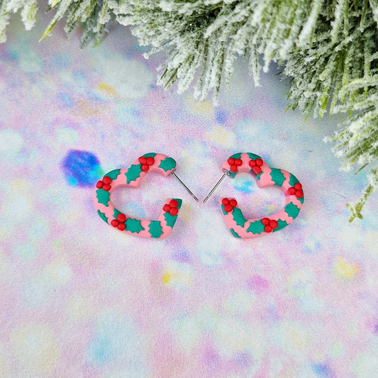 Christmas- Holly Mini Heart Shaped Hoops